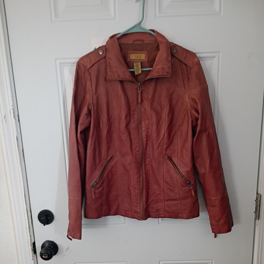Valerie Stevens Faux Leather Moto Jacket Cognac Brown Rust Womens Size M zipper